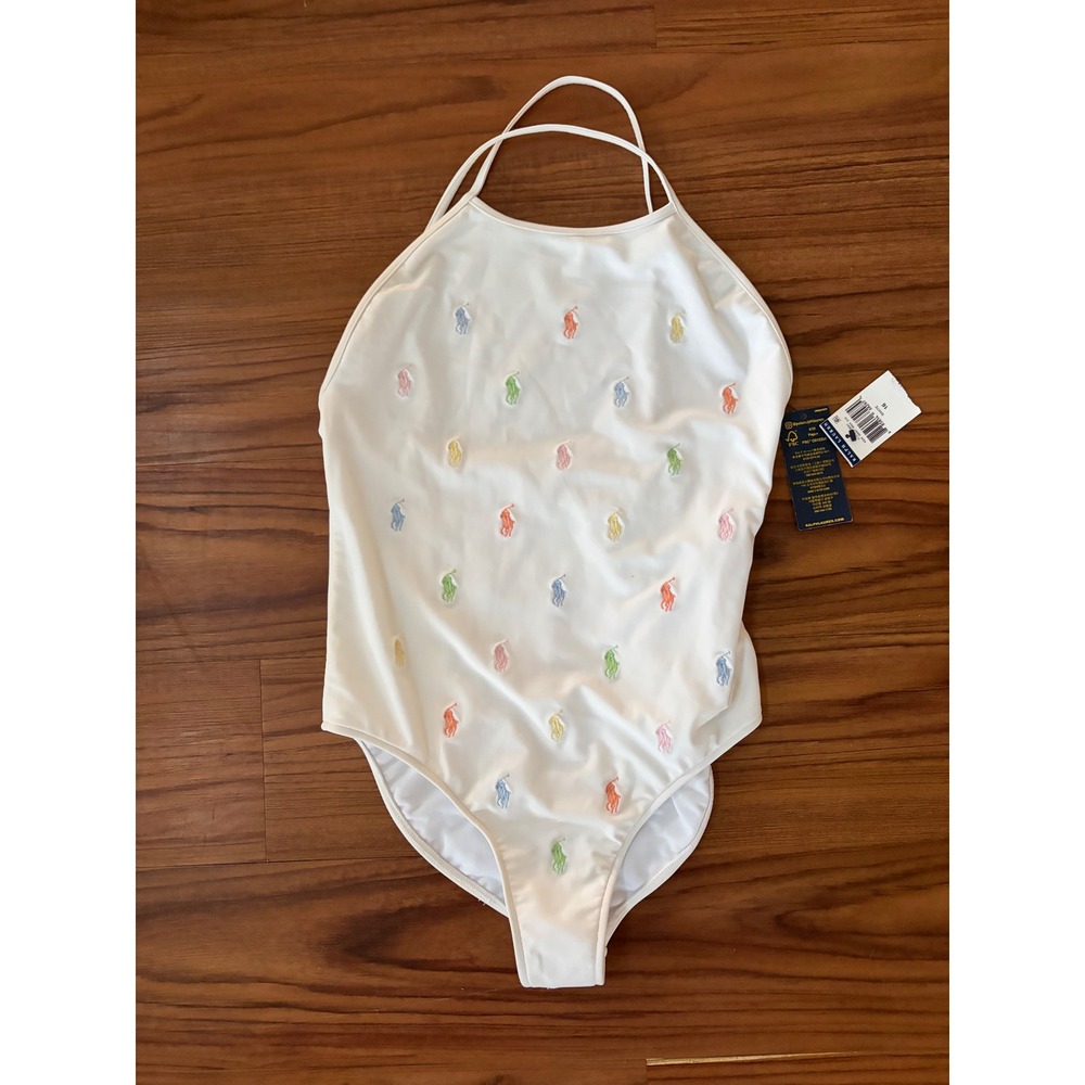 Polo Ralph Lauren Girls White Colorful All Over Pony OnePiece Swimsuit Sz 16 NWT